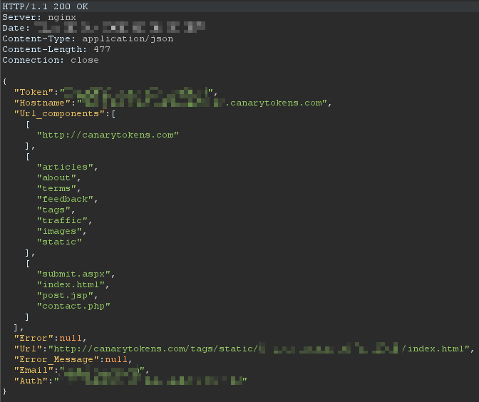 JSON response after creating a token