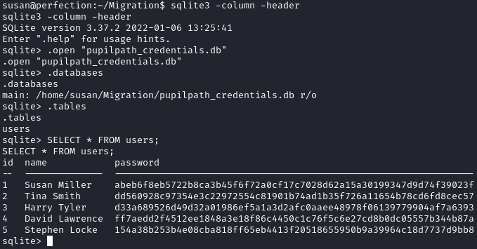 looking at the SQLite file